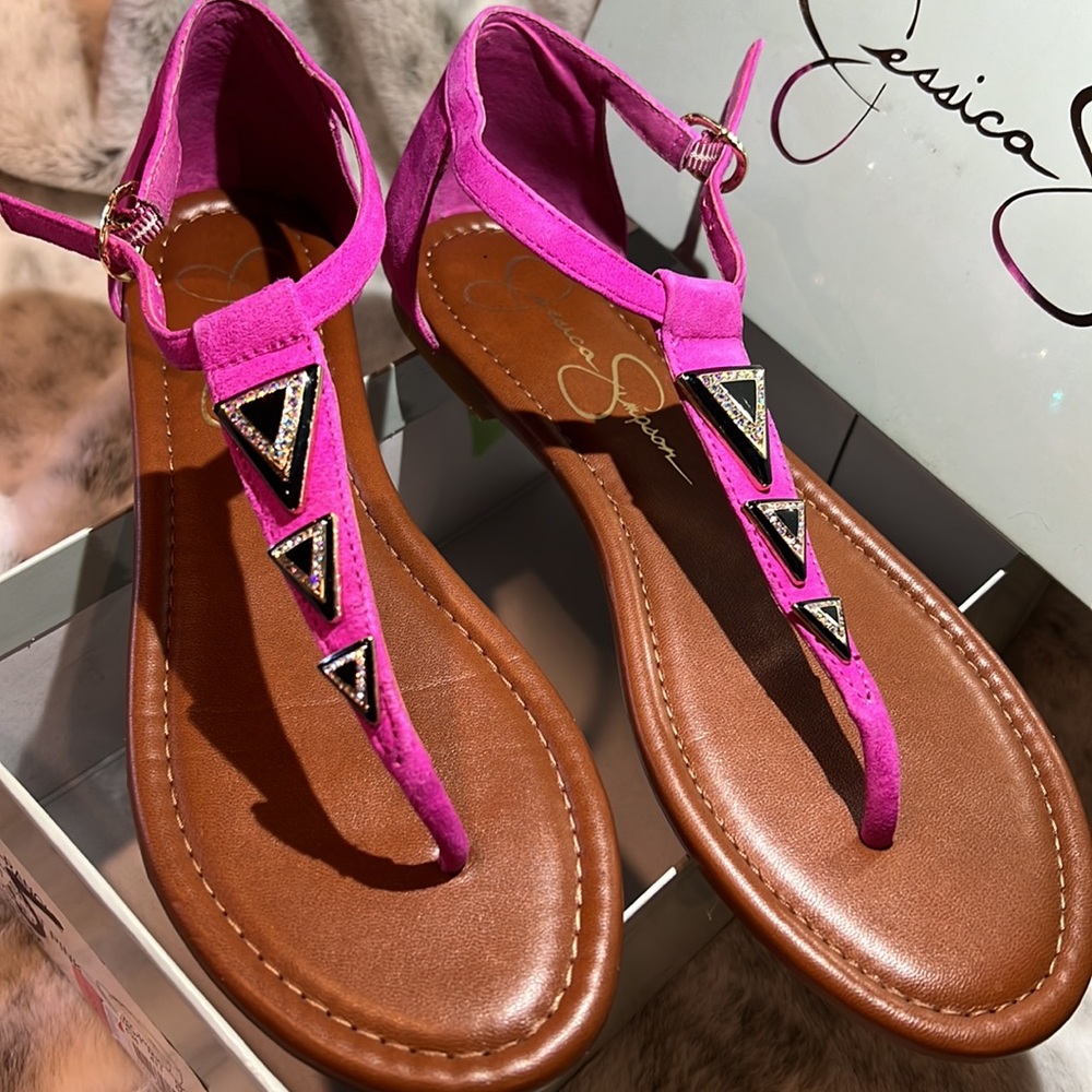 Jessica Simpson hot pink suede sandals with gold and black accents size 9 1/2M